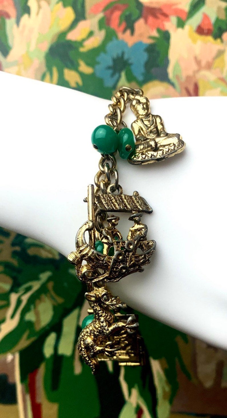 1940s Charm Bracelet Green Bead Gold Tone Charms Hardware Asian Inspired 7 image 1
