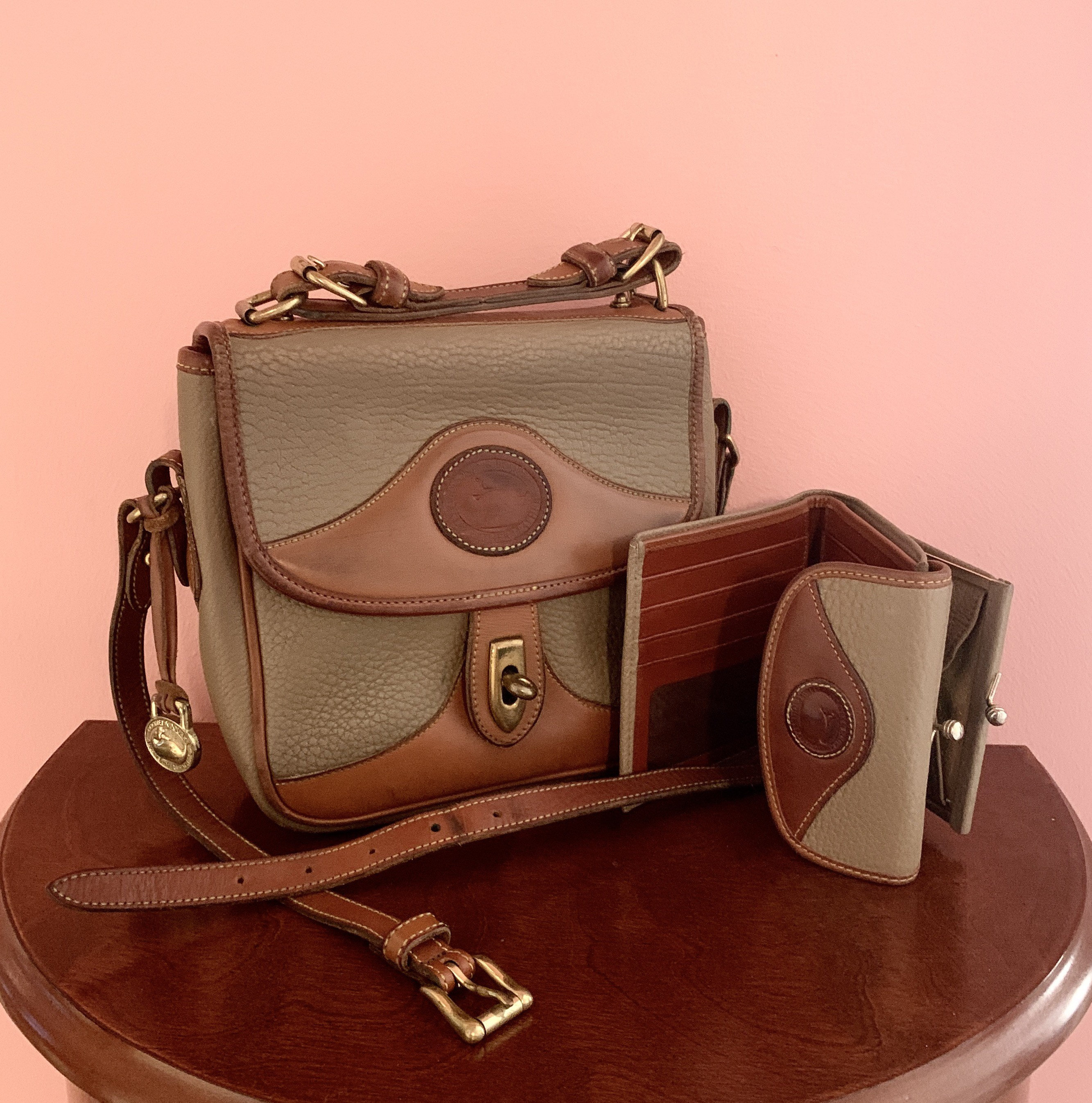 Dooney and Bourke : All Weather Leather : Ivory and Burnt Cedar : Leather  Saddle Bag Purse