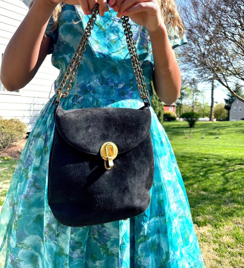 Vintage Suede Black Handbag Gold Tone Chain Shoulder Top - Etsy