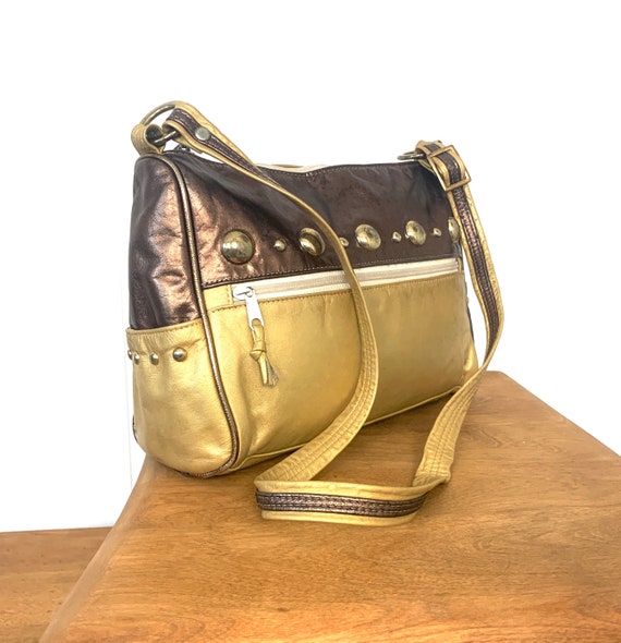 Leather Shoulder Bag Metallic Bronze Gold Studded 