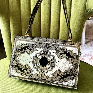 Vintage Leather Book Top Handle Handbag. Gold Black And White
