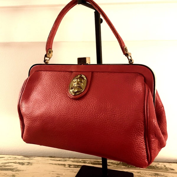 Vintage Red Leather Top Handle Gold Tone Hardware Pebble Leather Doctor Bag Roger Van S