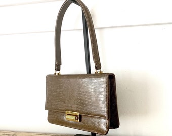 Taupe Handbag Faux Croc Gold Tone Hardware