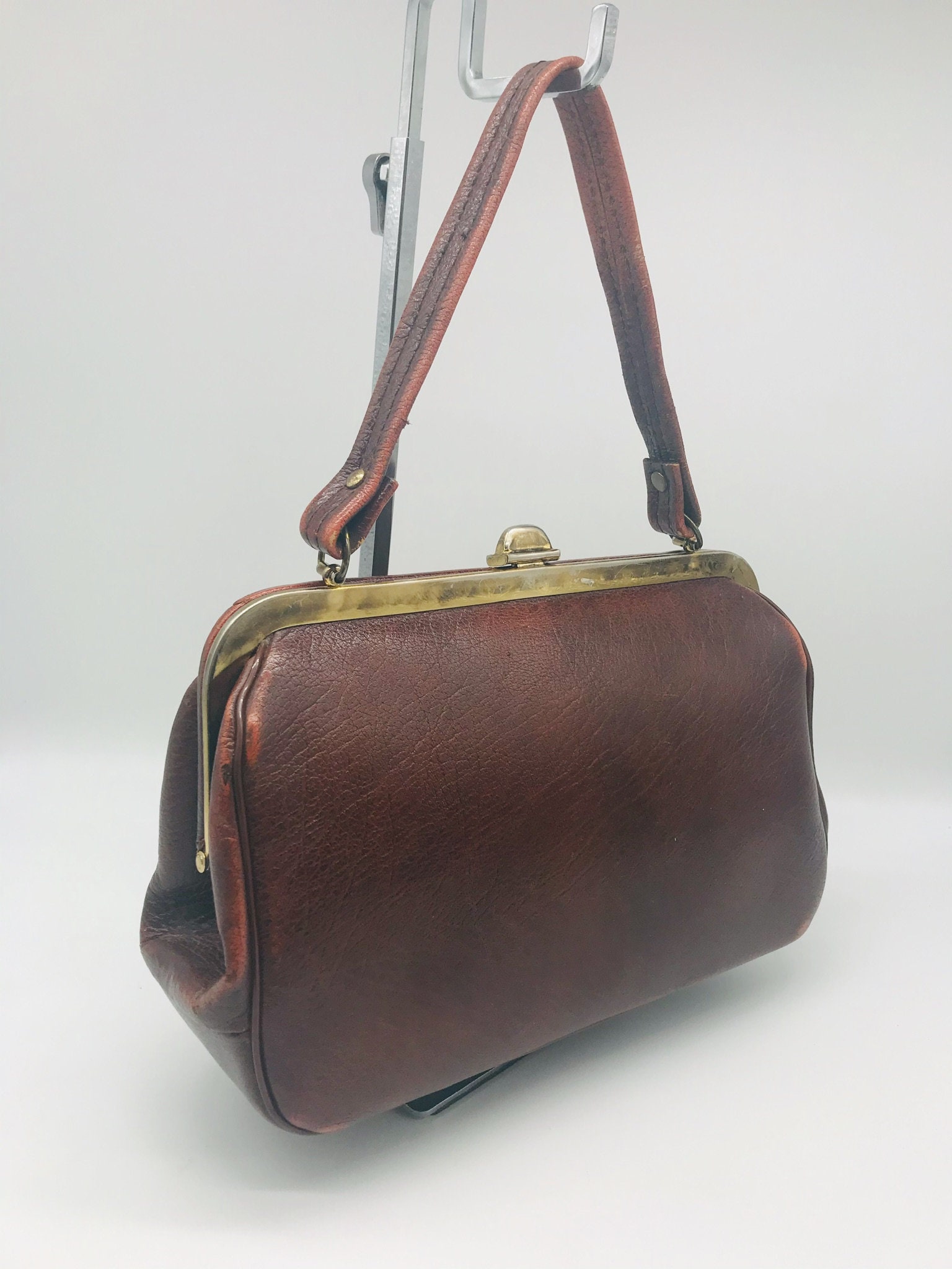 Leather Handbag Vintage Brown With Gold Tone Hardware Dr Bag - Etsy