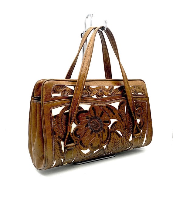 Vintage Tooled Leather Handbag 1950s / 1960s Flor… - image 3