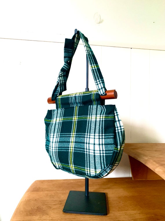 Bermuda Bag by Smiths 50s 60s Green White Yellow Tartan Plaid Wood Hardware Bow Top Handle or Shoulder Bag Strap Inside Pocket Like New Etsy