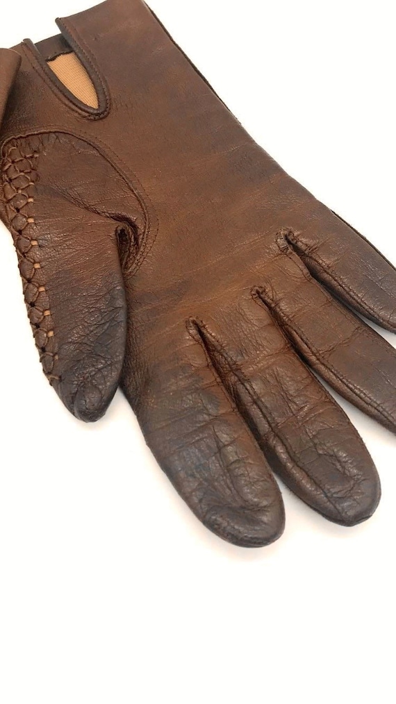 Vintage Ladies Driving Gloves Brown Fully Lined S… - image 5