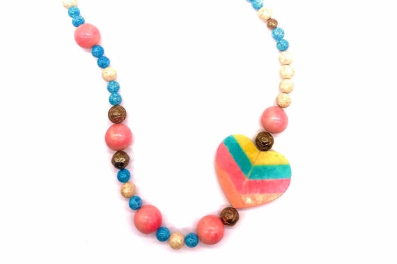 Heart Necklace Beaded Rainbow Pastel Stone Cerami… - image 1
