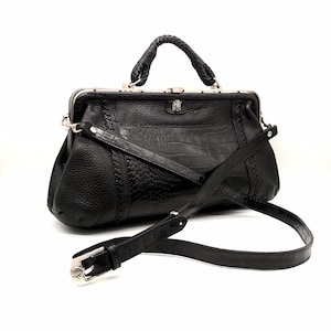 Brighton black handbag pebble leather and faux croc doctor bag crossbody or shoulder strap adjustable striped interior silver tone metal