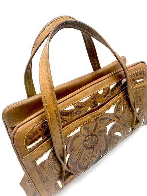 Vintage Tooled Leather Handbag 1950s / 1960s Flor… - image 10