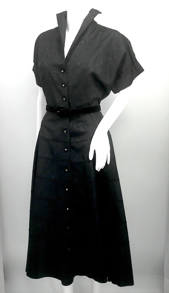 50s dress vintage black taffeta button down belte… - image 3