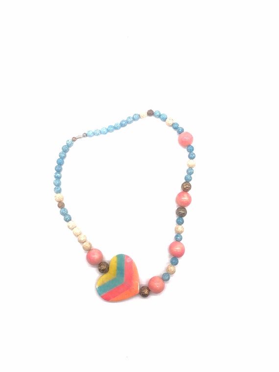 Heart Necklace Beaded Rainbow Pastel Stone Cerami… - image 4