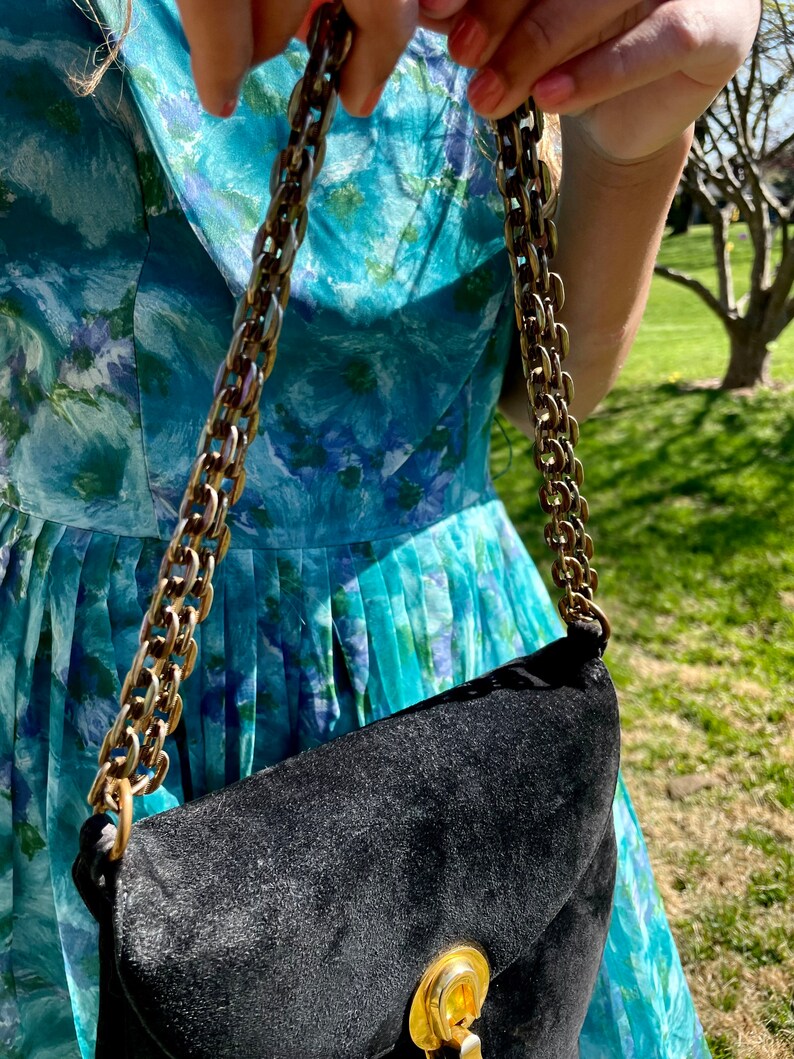 Vintage Suede Black Handbag Gold Tone Chain Shoulder Top - Etsy