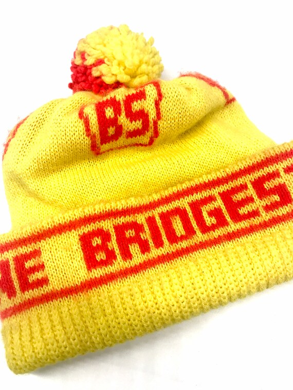 Vintage Pom Pom Ski Snow Hat Yellow Red Bridgeston