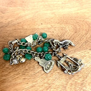 1940s Charm Bracelet Green Bead Gold Tone Charms Hardware Asian Inspired 7 image 6