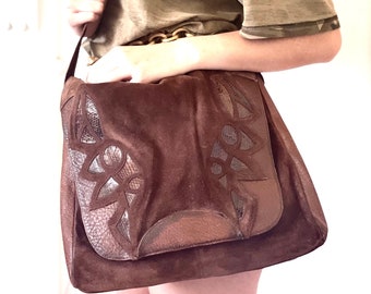 Vintage Italian Leather Suede Snake Shoulder Bag Brown