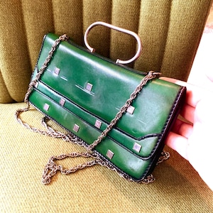 Vintage Green And Black Leather Crossbody And Top Handle Handbag Silver Tone Hardware And Studs