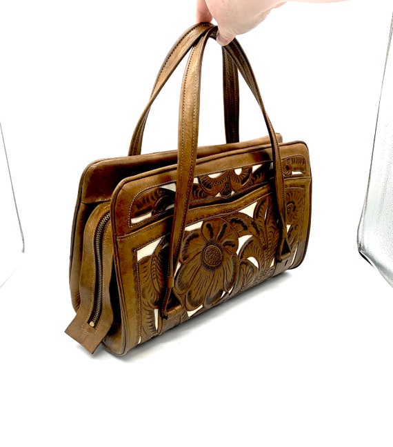 Vintage Tooled Leather Handbag 1950s / 1960s Flor… - image 8