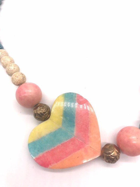 Heart Necklace Beaded Rainbow Pastel Stone Cerami… - image 6