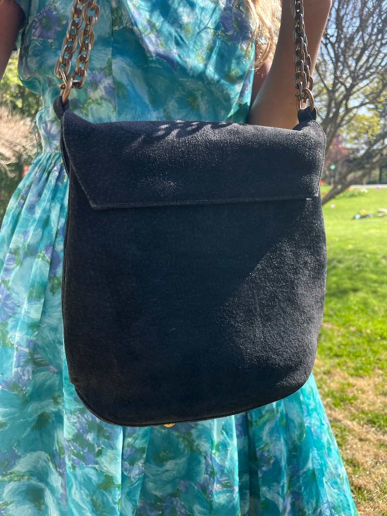 Vintage Suede Black Handbag Gold Tone Chain Shoulder Top - Etsy