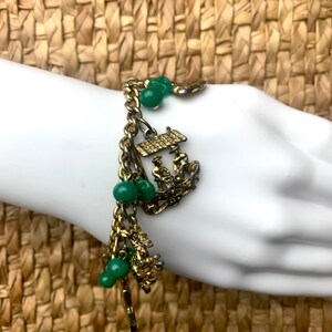 1940s Charm Bracelet Green Bead Gold Tone Charms Hardware Asian Inspired 7 image 10