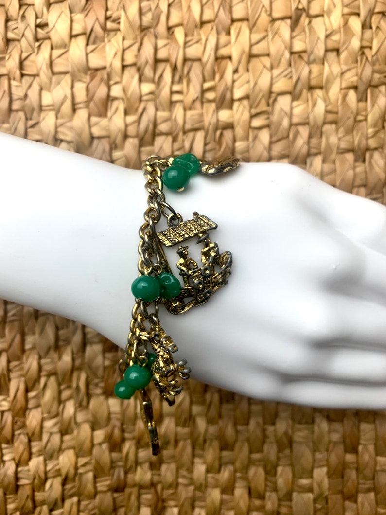 1940s Charm Bracelet Green Bead Gold Tone Charms Hardware Asian Inspired 7 image 10