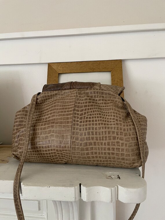 Vintage 80s Taupe Neutral Handbag Patchwork Leath… - image 4