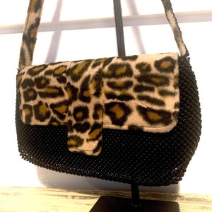 Vintage Leopard Handbag/ Black Beaded Handbag/ Leopard Shoulder Bag