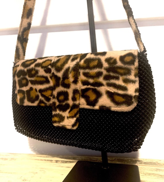 Vintage Leopard Handbag/ Black Beaded Handbag/ Le… - image 1