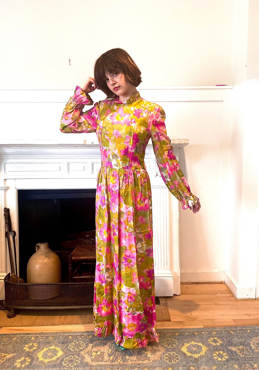 Vintage Bright Floral Long Garden Party Dress Long Slight Balloon Sleeve Ruffled Crew Neck ...