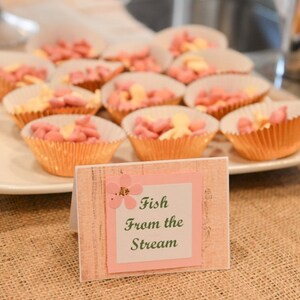 May include: A white platter with pink and white frosted cookies arranged in rows. A sign reads "Fish From the Stream".