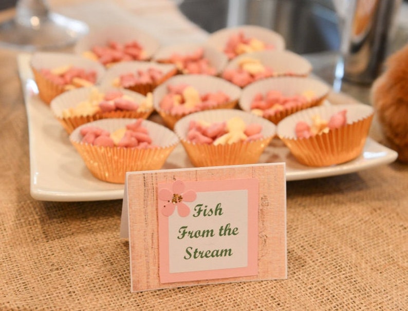 May include: A white platter with pink and white frosted cookies arranged in rows. A sign reads "Fish From the Stream".