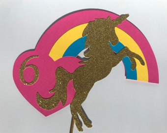 Gold Glitter Unicorn Rainbow Cake Topper, Magical Party Decor