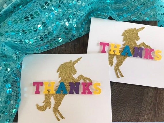 Rainbow Unicorn Thank you notes, rainbow unicorn party, gold glittered unicorns, Unicorn party notecards Il_570xn
