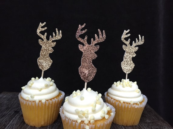 Glittered Deer cupcake toppers, Buck cupcake toppers, lumberjack party, enchated forest party, woodland party, forest friends party Il_570xn