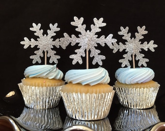Glittered Snowflake Cupcake Toppers, Winter Party Decorations (12CT)