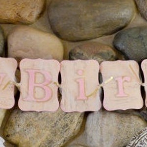 May include: A pink and white banner with the words "Happy Birthday" in pink letters. The banner is decorated with small green trees on each end.