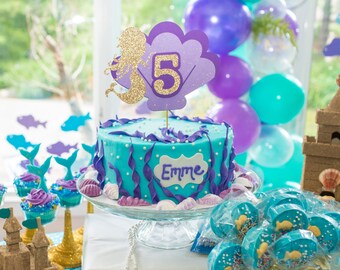 Mermaid Cake Topper, Gold Glitter Seashell, Under the Sea Party