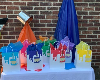 Art Party Favor Bags: Paint Drip Design, Brush Tag Option, Set of 12