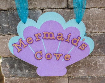 Mermaid Party Sign, Glitter Seashell Door Decor
