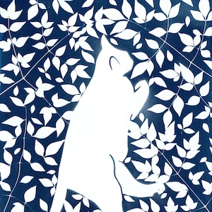 ROYAL MAJESTY , Cat , Leaves, Nature, Botanical Art, Kitty, Plants, Minimal Blue Giclee Print of Original Cyanotype Painting