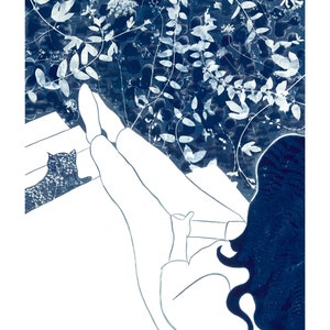 Easy Like SUNDAY MORNING Botanical Cyanotype, Cat, Girl, Outdoors, Flowers, Plants, Garden, Giclee Print of Original Cyanotype Painting