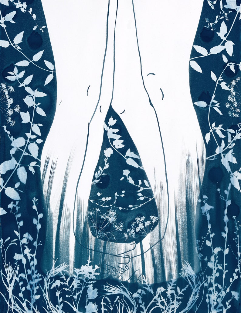 May include: A cyanotype print of a pair of legs standing in a field of blue wildflowers. The legs are outlined in white and the wildflowers are in a dark blue.