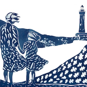 SYNERGY Botanical print, SUN print, Mother, Daughter, Lighthouse, Flowers, Plants, Seascape, Nature, Giclee Print of Original Cyanotype