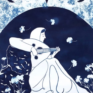 MOON MUSIC Woman Playing the OUD, Botanical Cyanotype, Moon Garden, Music, Flowers, Night Sky, Giclee Print of Original Cyanotype Painting