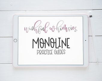 May include: A white tablet with a pink border displays a digital download for "wishful whimsies MONOLINE PRACTICE GUIDES". The tablet is on a white wooden surface with a white stylus next to it.
