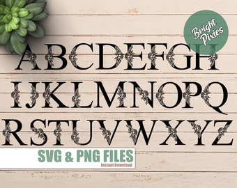 26 Letters Alphabet, svg alphabet, svg lettering, svg monogram, coffee cup svg, Flower Initials, Cut file for cricut, Silhouette, PNG