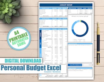 Digital Budget Planner, 2021 Digital Planner, Excel Spreadsheet Template, Monthly Budget, Financial Planner, Printable Monthly Budget