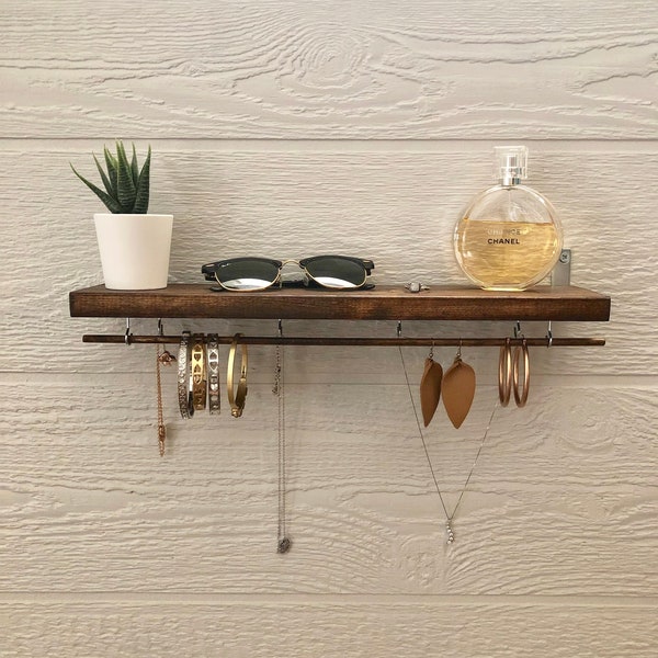 Wooden Jewelry Organizer Shelf with Hooks