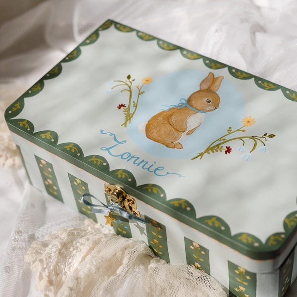 Hand Painted Baby Keepsake Box: Personalized Memory Box for Kids featuring Bunny Folk Art